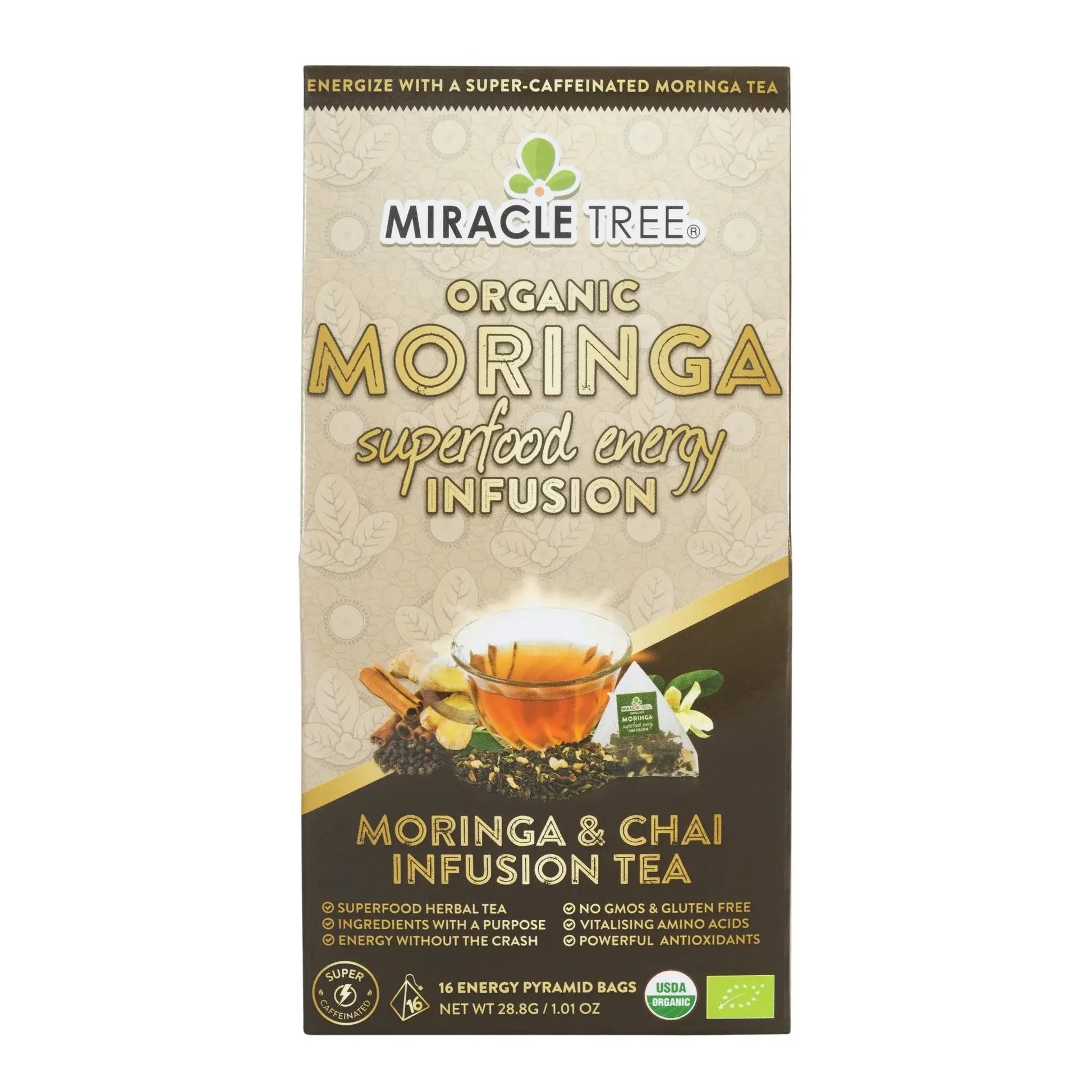Organic Moringa Energy Tea by Miracle Tree featuring chai spice flavor, natural coffee alternative, and vibrant tea leaves.