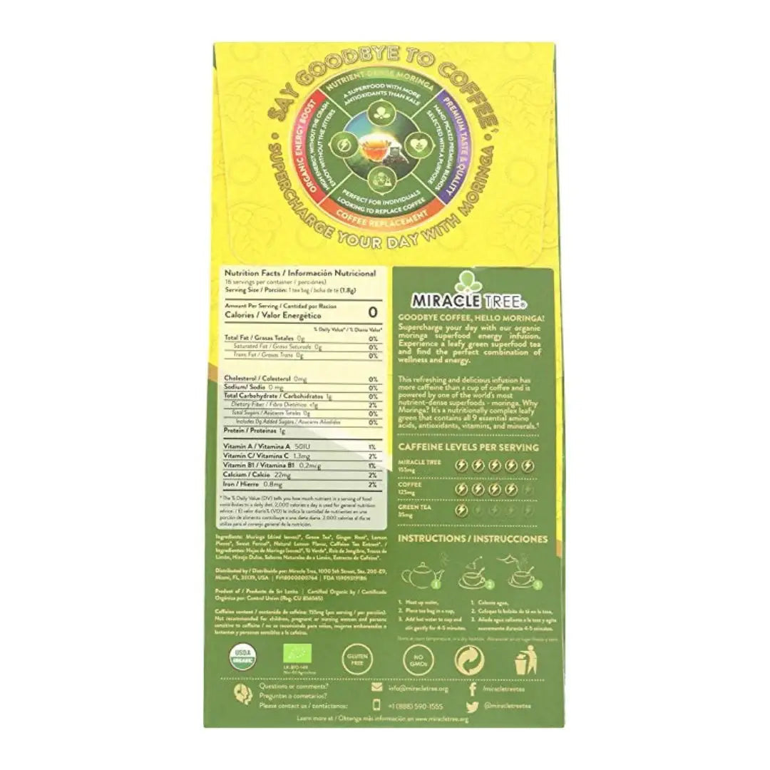 Organic Moringa Energy Tea by Miracle Tree with ginger and lemon, showcasing fresh tea leaves and citrus slices in a natural setting.