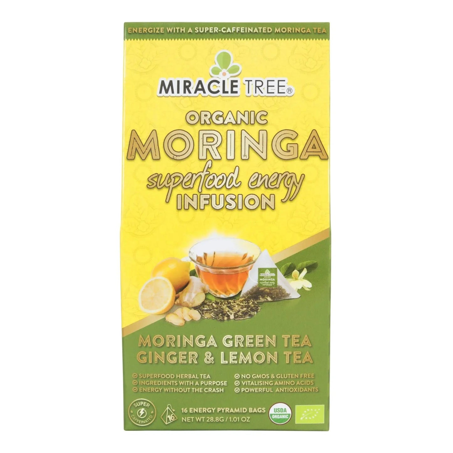 Organic Moringa Energy Tea by Miracle Tree featuring ginger and lemon in a tea bag with fresh lemon slices and ginger root.