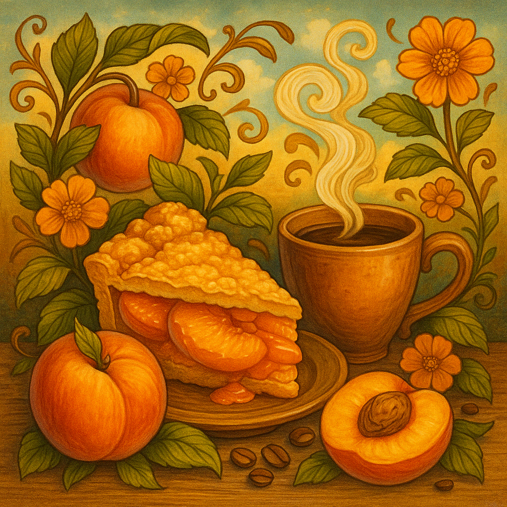 JavaMania Peach Cobbler flavored coffee in a bag, featuring a rich, aromatic blend with peach and dessert-inspired notes.