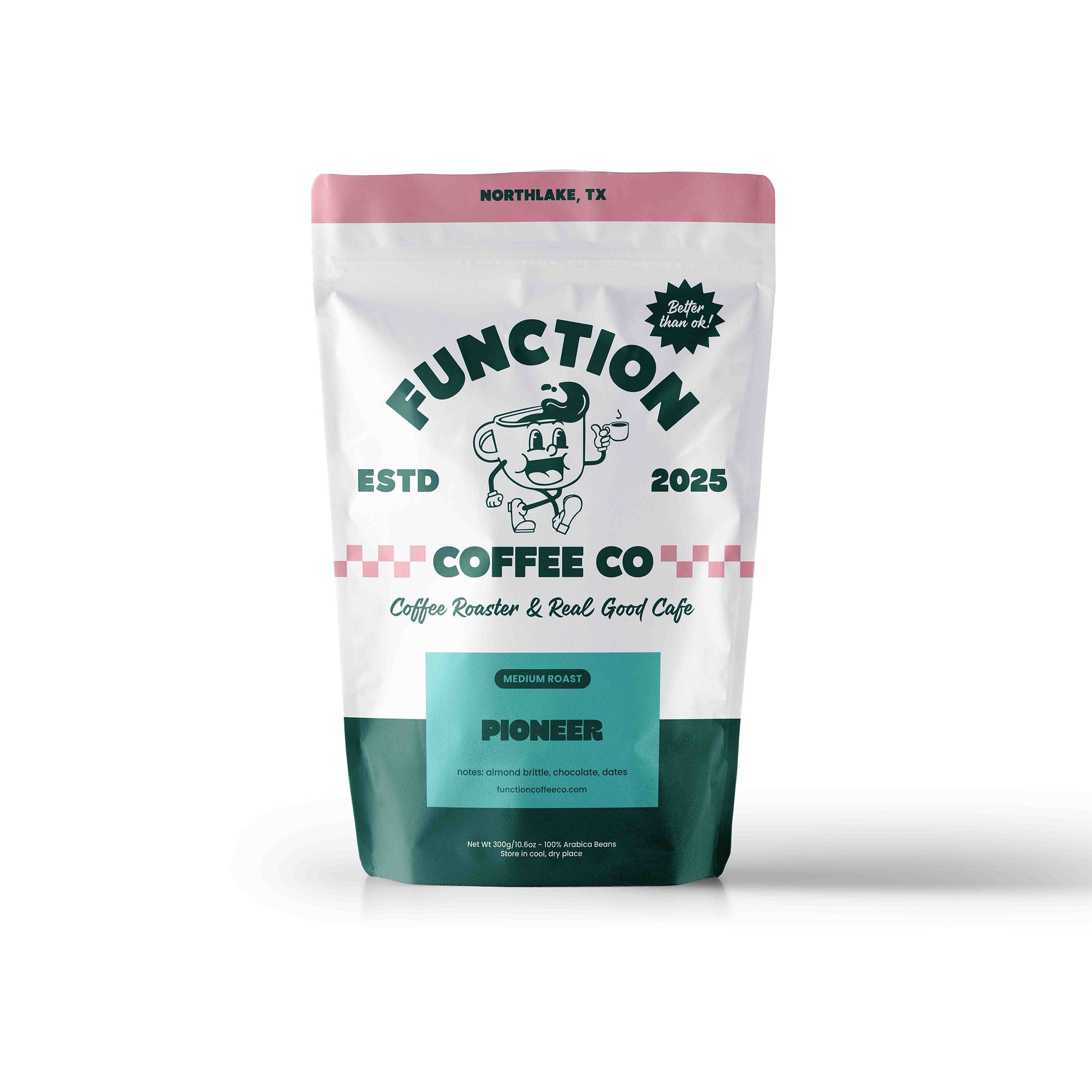 Medium roast Pioneer coffee beans from Function Coffee Co, showing whole beans in a natural, close-up view.