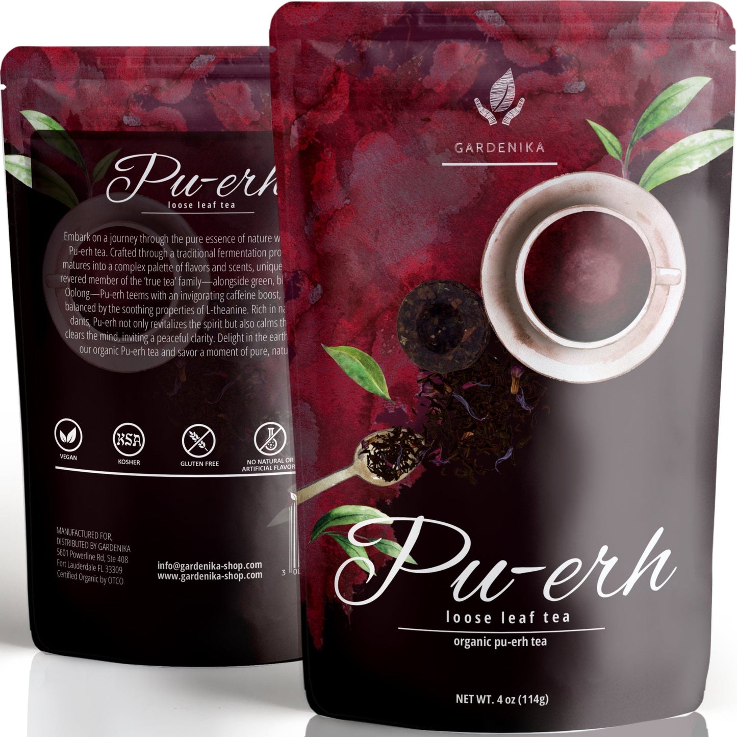 Organic loose leaf Puerh tea from Gardenika Shop, a high-caffeine fermented tea alternative with rich, dark leaves.