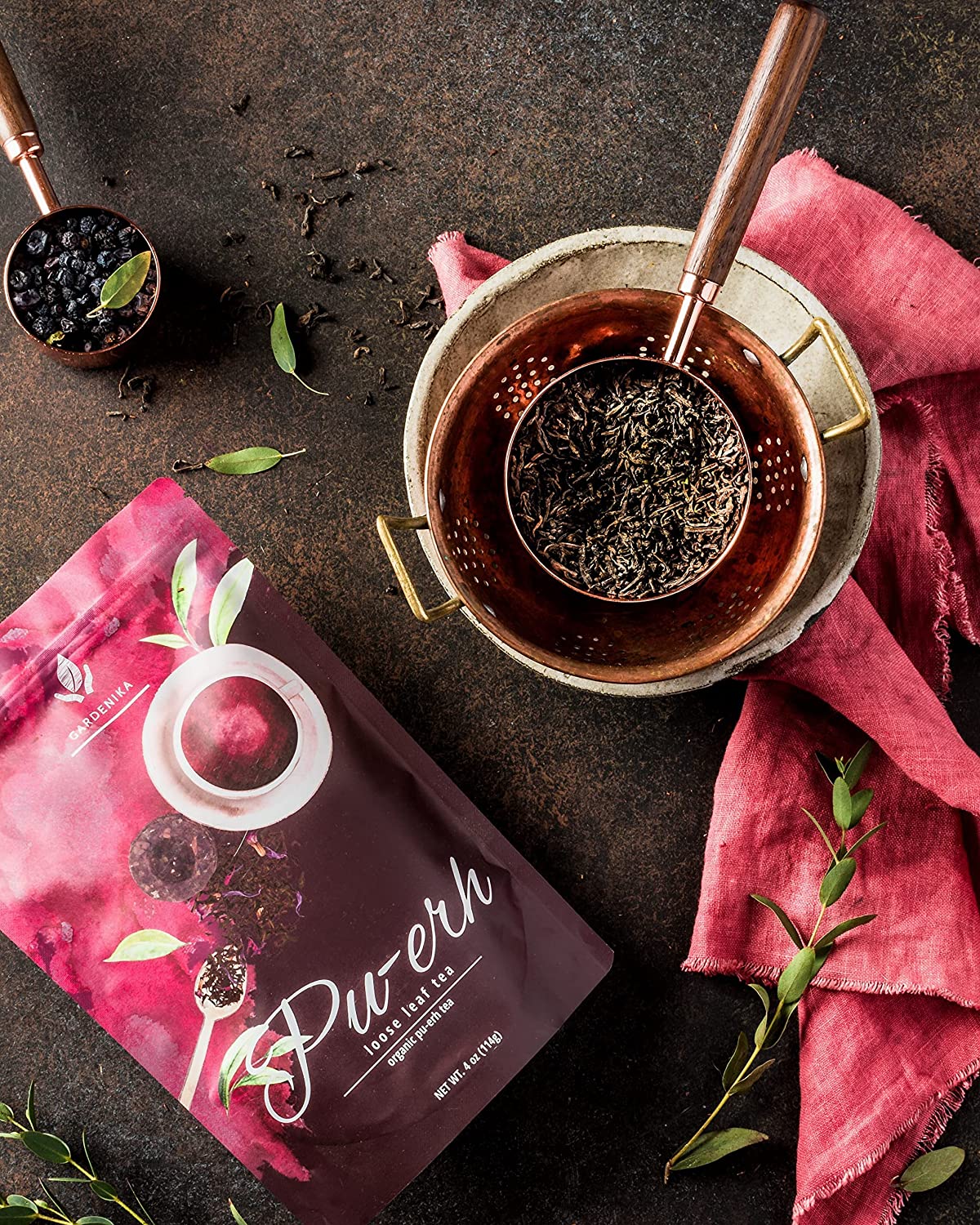 Loose leaf Puerh tea by Gardenika Shop, organic fermented tea with high caffeine, natural coffee alternative, black tea blend.