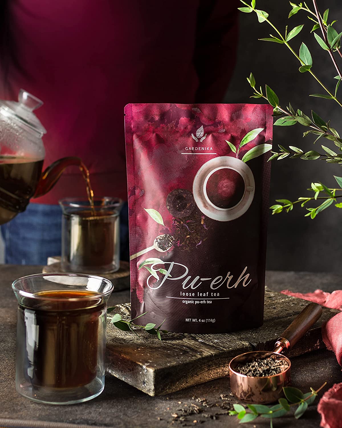 Loose leaf Puerh tea from Gardenika Shop, organic fermented high-caffeine coffee alternative in a resealable package.