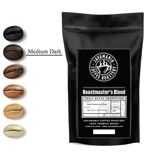 JavaMania Roastmaster's Blend coffee in a bag, showcasing the popular blend's packaging and branding.