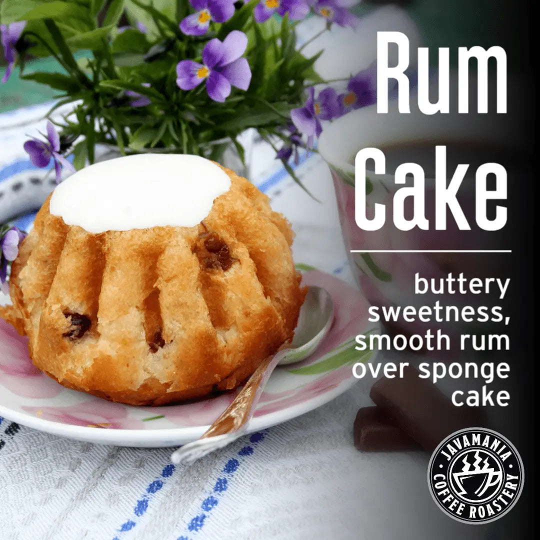 JavaMania Rum Cake flavored coffee in a bag, showcasing rich coffee beans infused with rum cake flavor.