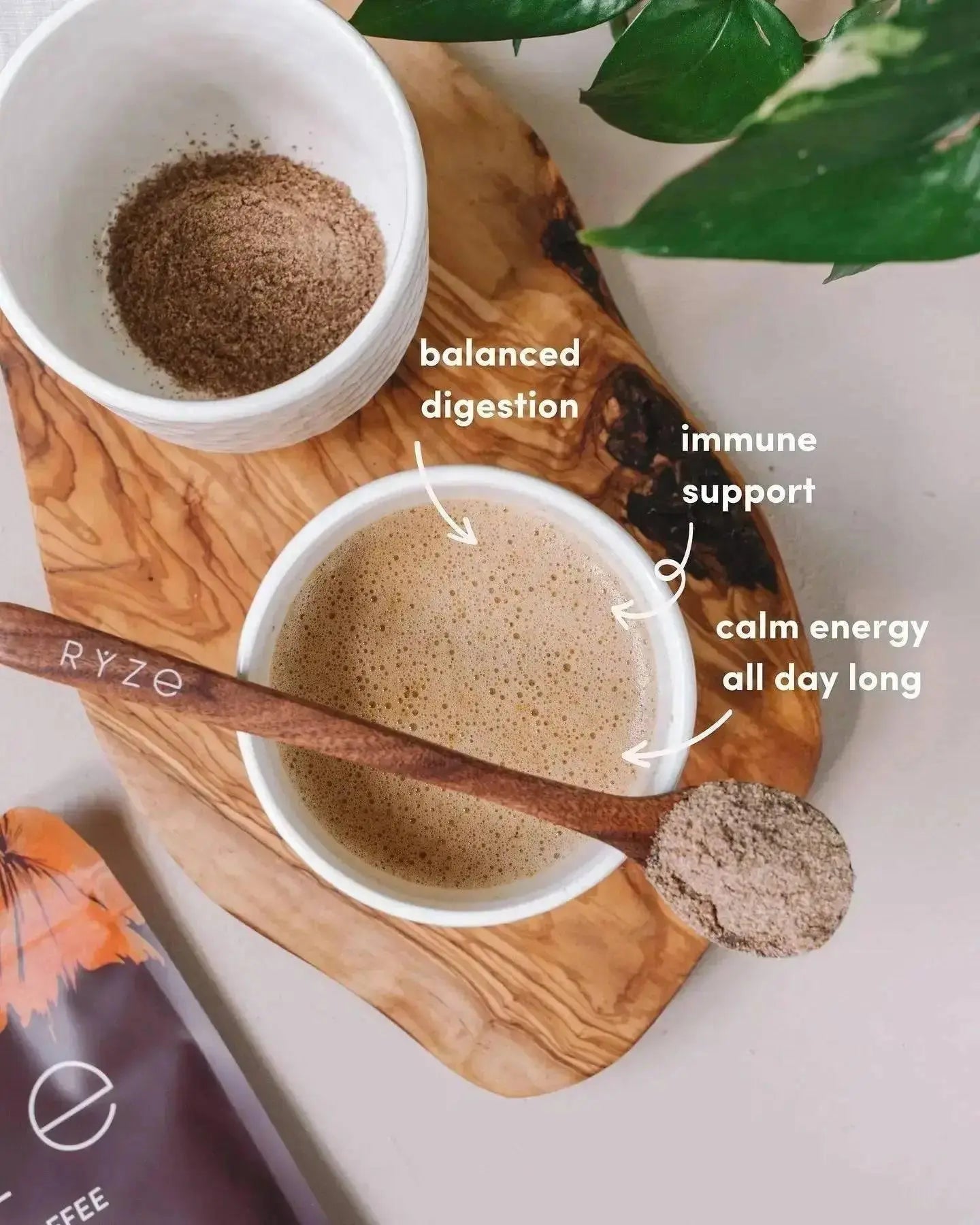 Nutragole RYZE Mushroom Coffee pack with 6 adaptogenic organic mushrooms, MCT oil, for energy, focus, digestion, and immunity.
