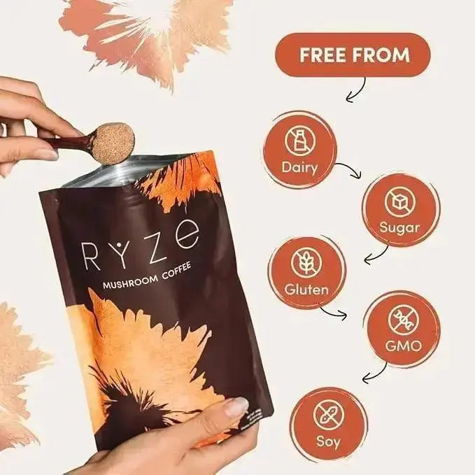 Nutragole RYZE Mushroom Coffee pack with organic instant coffee, MCT oil, and adaptogenic mushrooms like Lion's Mane and Reishi.