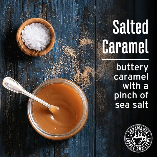 JavaMania salted caramel flavored coffee in a bag with a rich caramel swirl illustration.
