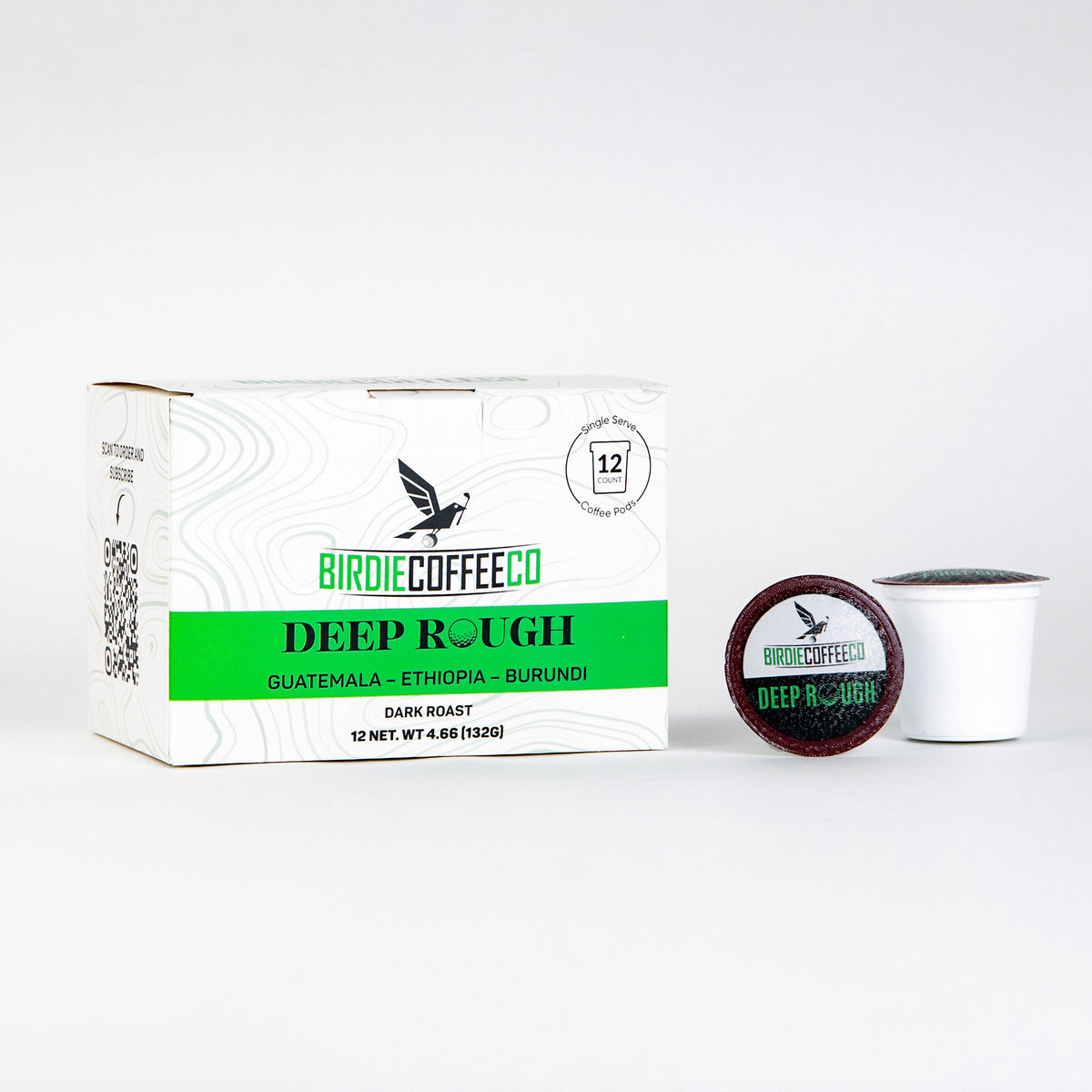 Birdie Coffee Company Deep Rough K-Cup coffee pods in a box, showcasing the coffee packaging and branding.