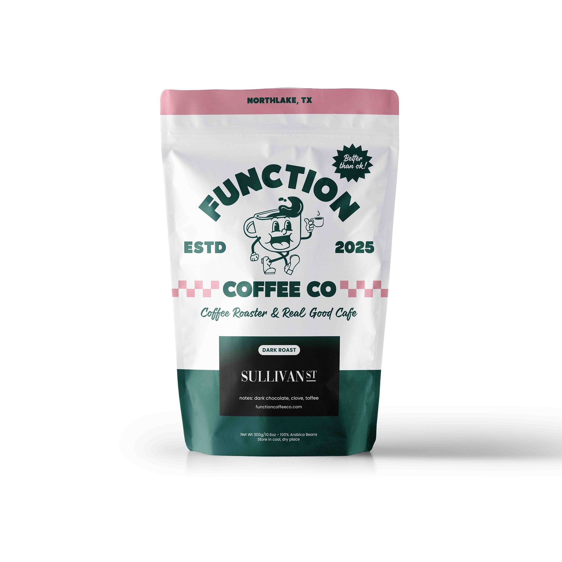 Dark Roast coffee beans from Function Coffee Co, featuring Sullivan St blend in a resealable bag with a rich, aromatic appearance.