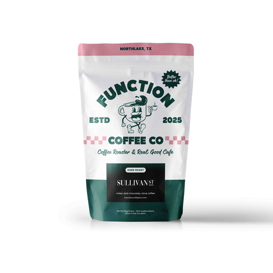 Dark Roast coffee beans from Function Coffee Co, featuring Sullivan St blend in a resealable bag with a rich, aromatic appearance.