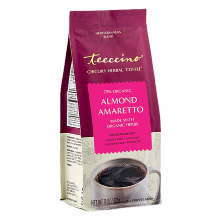 Herbal coffee by Teeccino featuring almond and amaretto flavor with chicory, served in a cup with coffee beans.