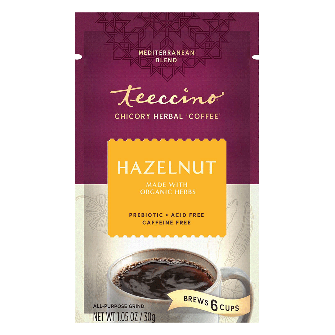 Packet of Teeccino Hazelnut Chicory Herbal Coffee with a brown and beige design, showcasing the herbal coffee product.