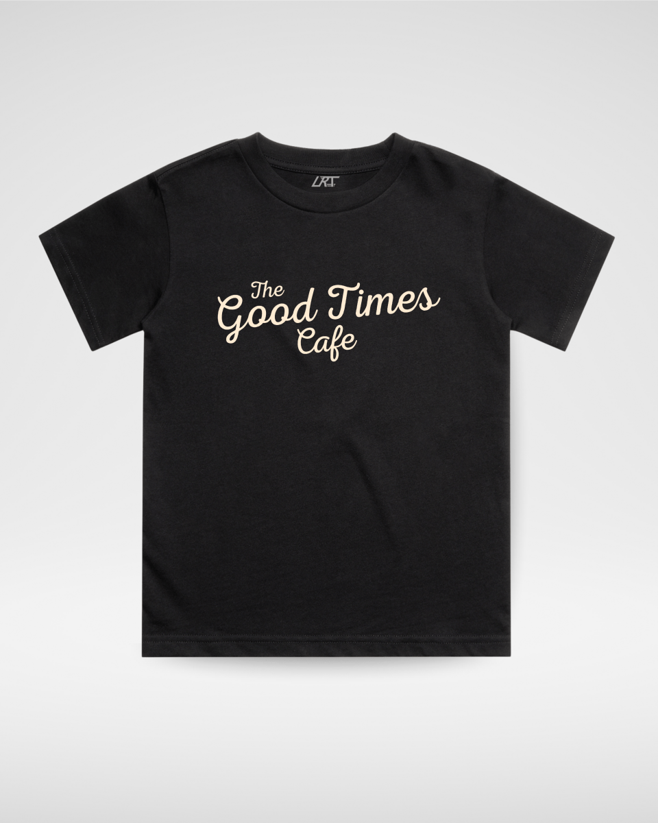 Black baby and toddler tee featuring "The Good Times Cafe" print by Little Rad Things, casual and comfortable kids' top.