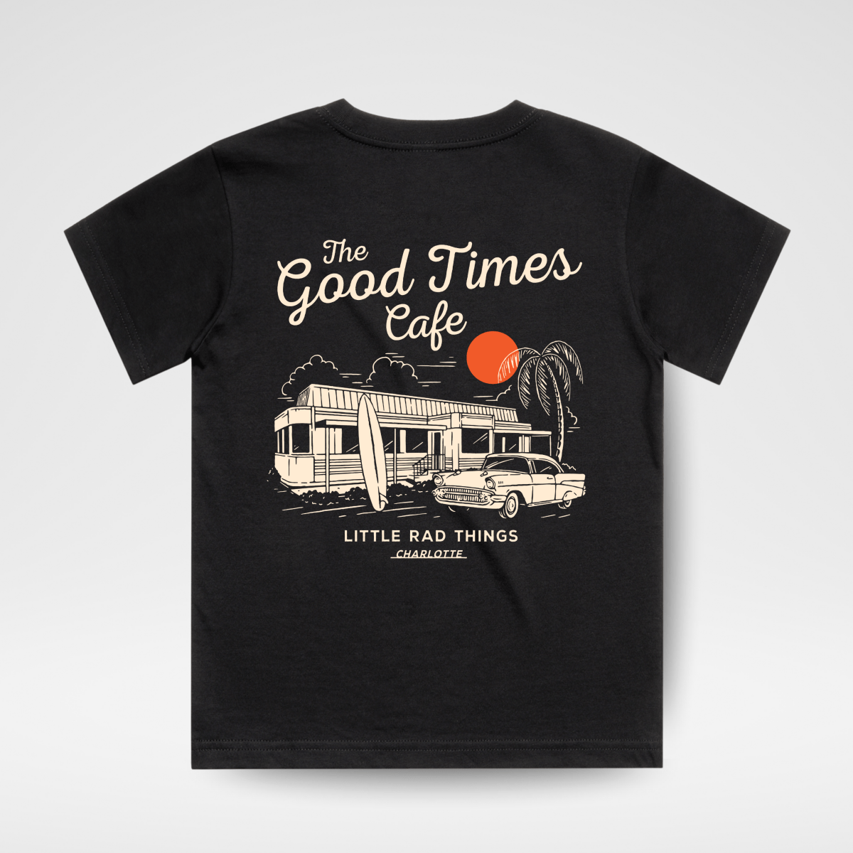 Black baby and toddler T-shirt with "The Good Times Cafe" graphic by Little Rad Things, casual and comfortable for little ones.