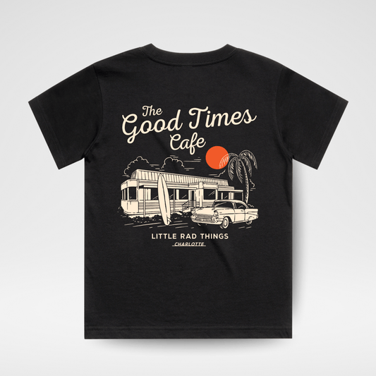 Black baby and toddler T-shirt with "The Good Times Cafe" graphic by Little Rad Things, casual and comfortable for little ones.