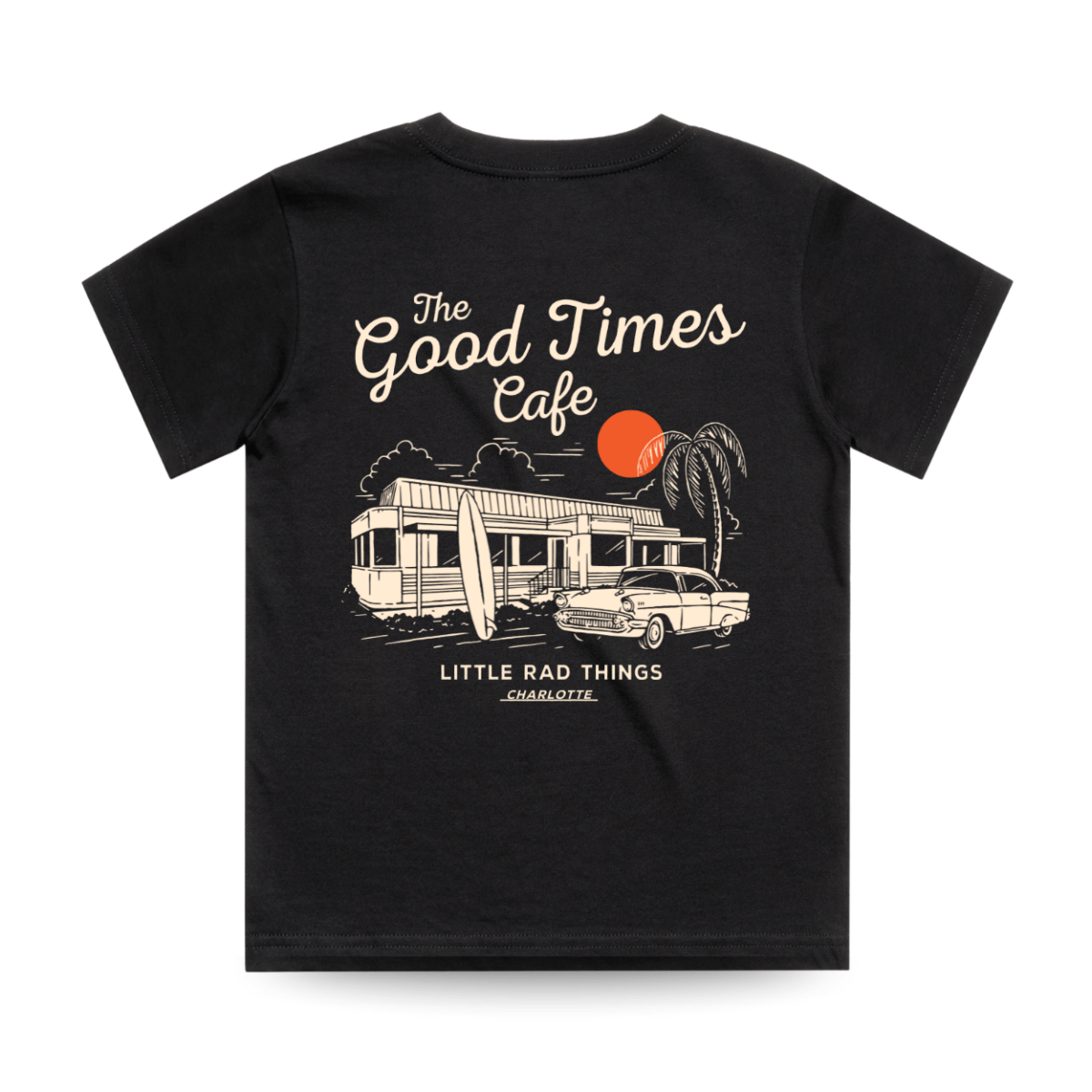 Black baby and toddler tee featuring "The Good Times Cafe" print by LITTLE RAD THINGS, casual and comfortable top for young children.