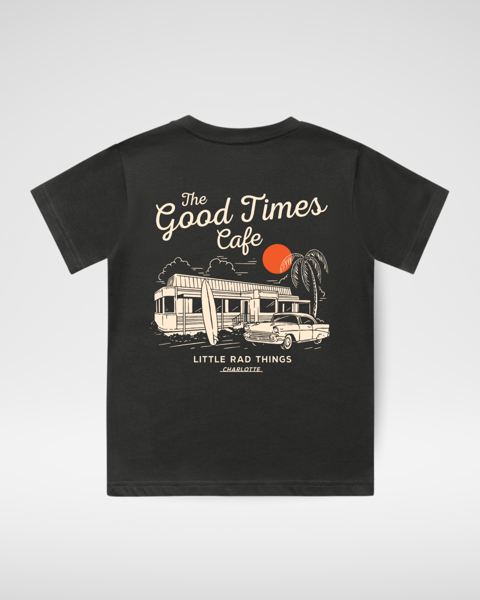 Baby and toddler coal-colored T-shirt from LITTLE RAD THINGS featuring "The Good Times Cafe" graphic print.