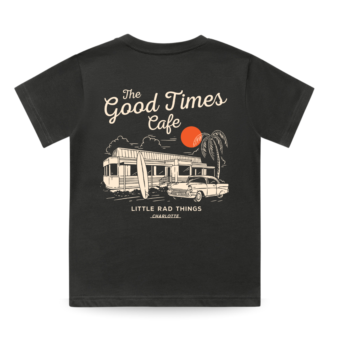 Baby and toddler T-shirt by Little Rad Things, The Good Times Cafe design in coal color, featuring playful cafe-themed graphics.