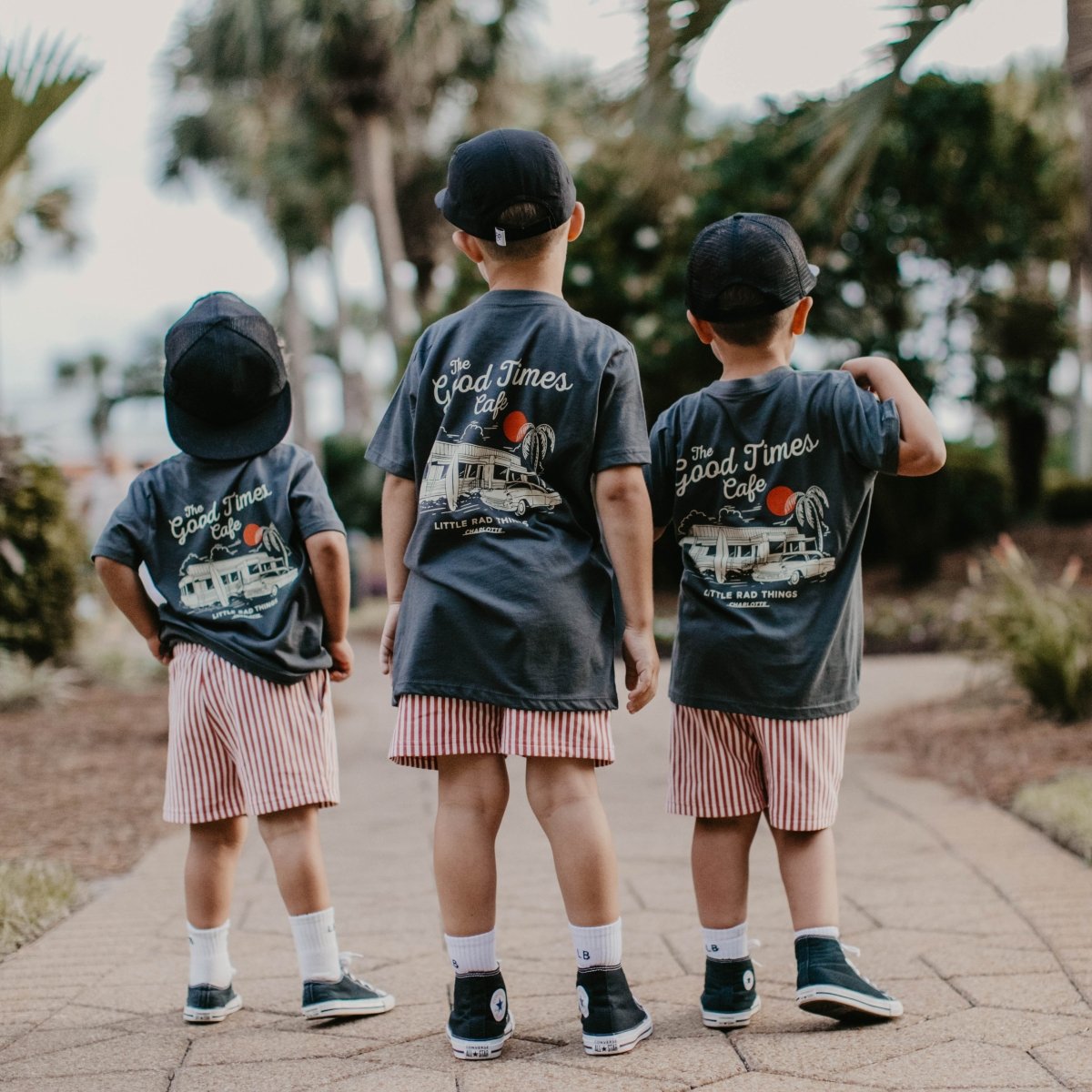 Baby and toddler coal-colored T-shirt featuring "The Good Times Cafe" print by LITTLE RAD THINGS, casual kids' top.