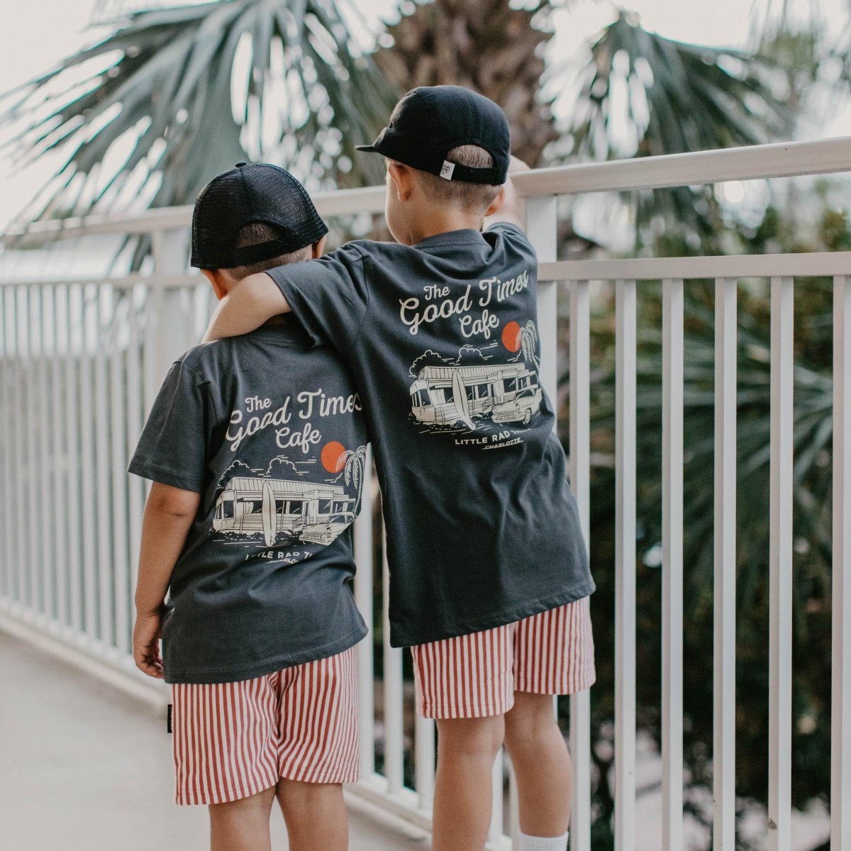 Baby and toddler T-shirt from LITTLE RAD THINGS with "The Good Times Cafe" graphic in coal color, soft cotton fabric.