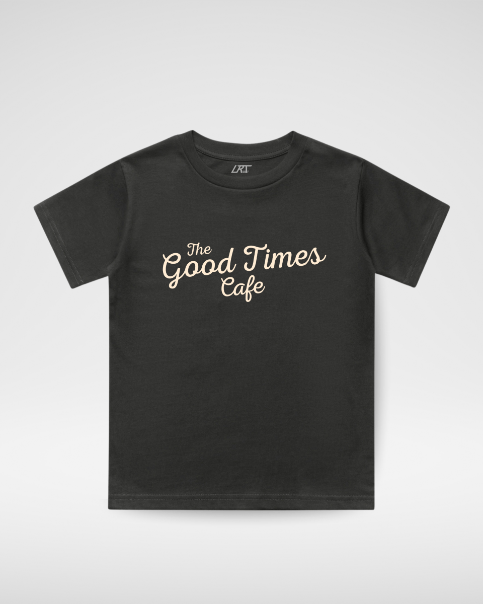 Baby and toddler coal-colored T-shirt featuring "The Good Times Cafe" design by LITTLE RAD THINGS.