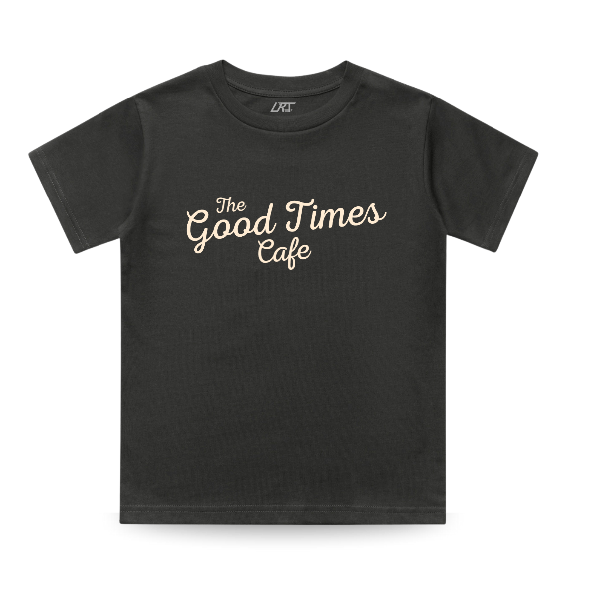 Baby toddler coal-colored T-shirt from LITTLE RAD THINGS' THE GOOD TIMES CAFE TEE collection, featuring casual, comfortable style.
