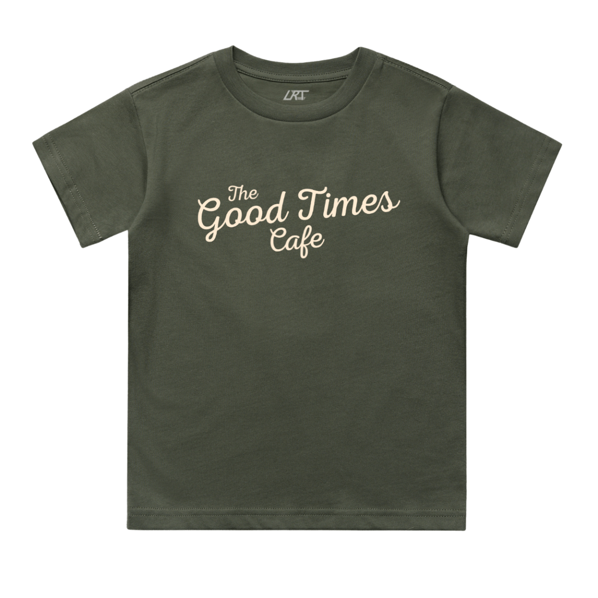 Olive green baby and toddler T-shirt with "The Good Times Cafe" print by LITTLE RAD THINGS, casual and comfortable for little kids.