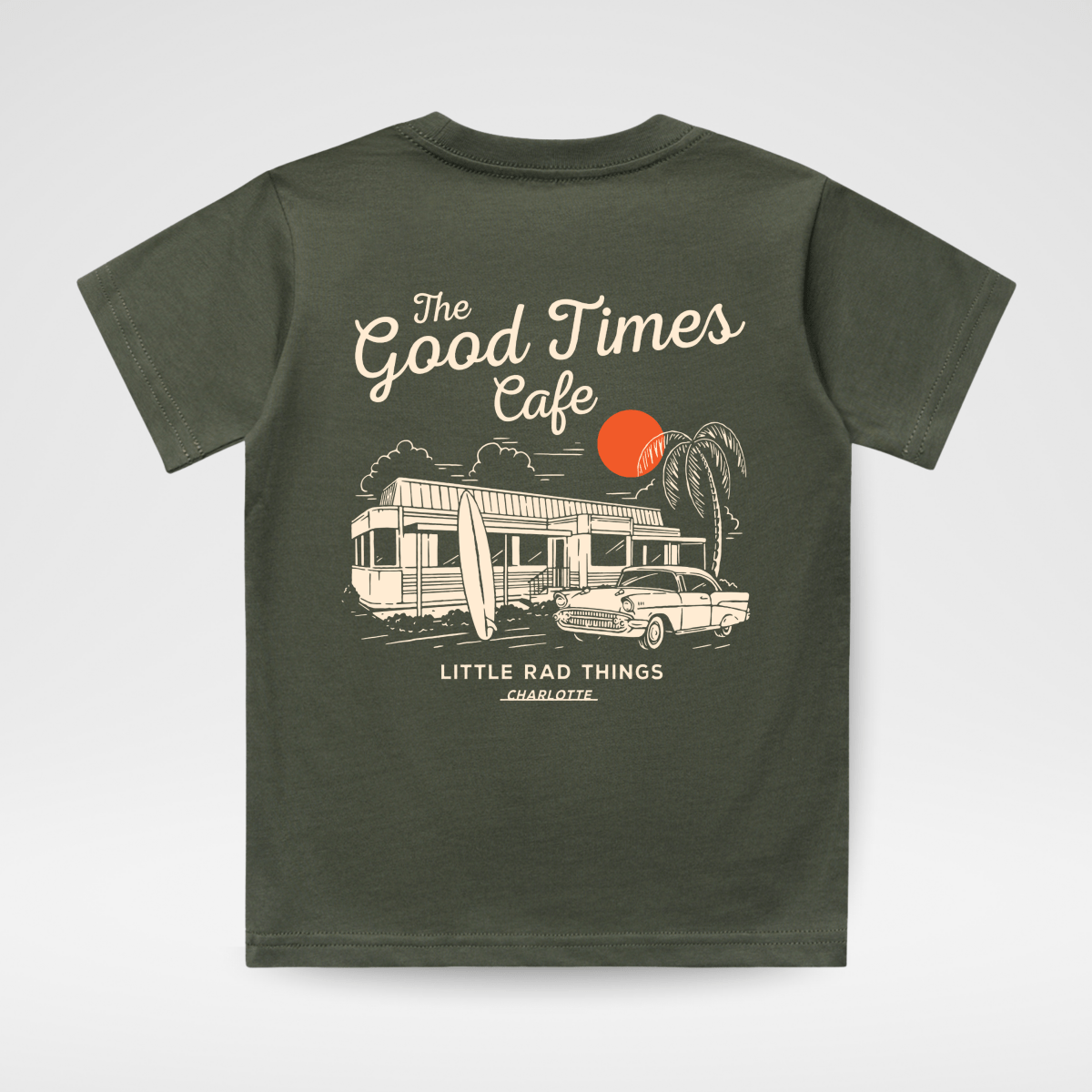 Baby and toddler olive green tee featuring "The Good Times Cafe" design by Little Rad Things, casual and comfortable top for little ones.