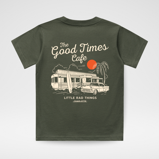 Baby and toddler olive green tee featuring "The Good Times Cafe" design by Little Rad Things, casual and comfortable top for little ones.