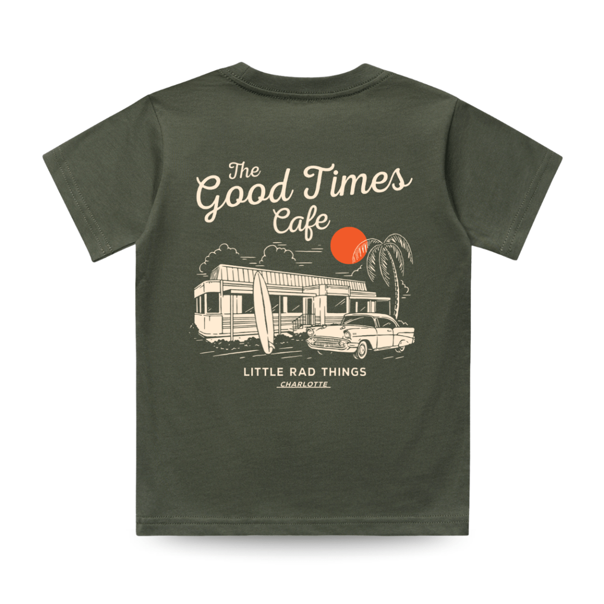 Baby and toddler olive green T-shirt from LITTLE RAD THINGS with "The Good Times Cafe" graphic print.