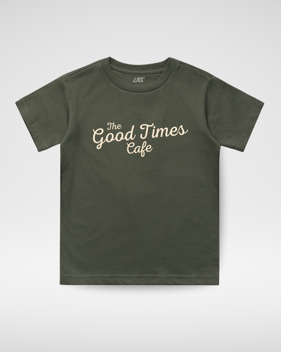 Baby and toddler olive green tee featuring "The Good Times Cafe" design by LITTLE RAD THINGS, casual and comfortable toddler top.