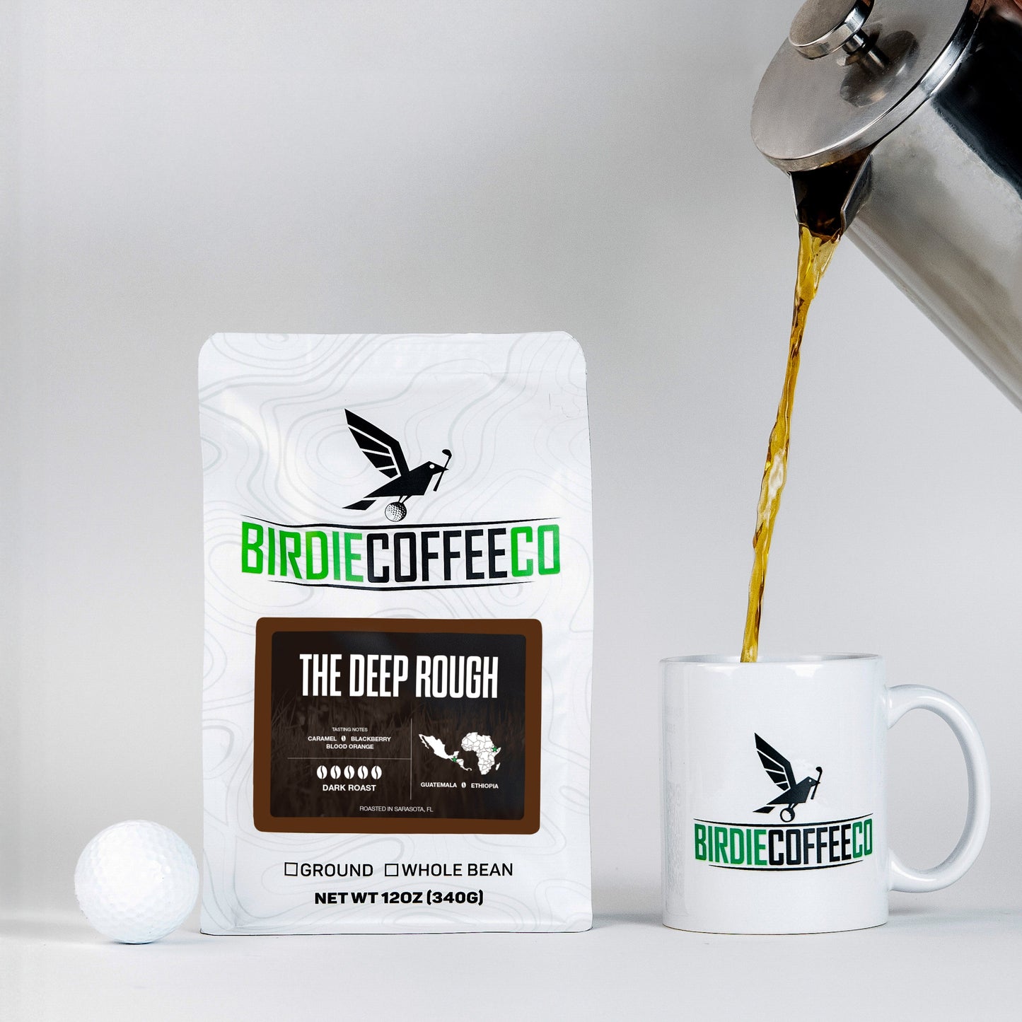 Dark roast coffee from Birdie Coffee Company, The Deep Rough. Rich, bold coffee beans displayed in a close-up shot.