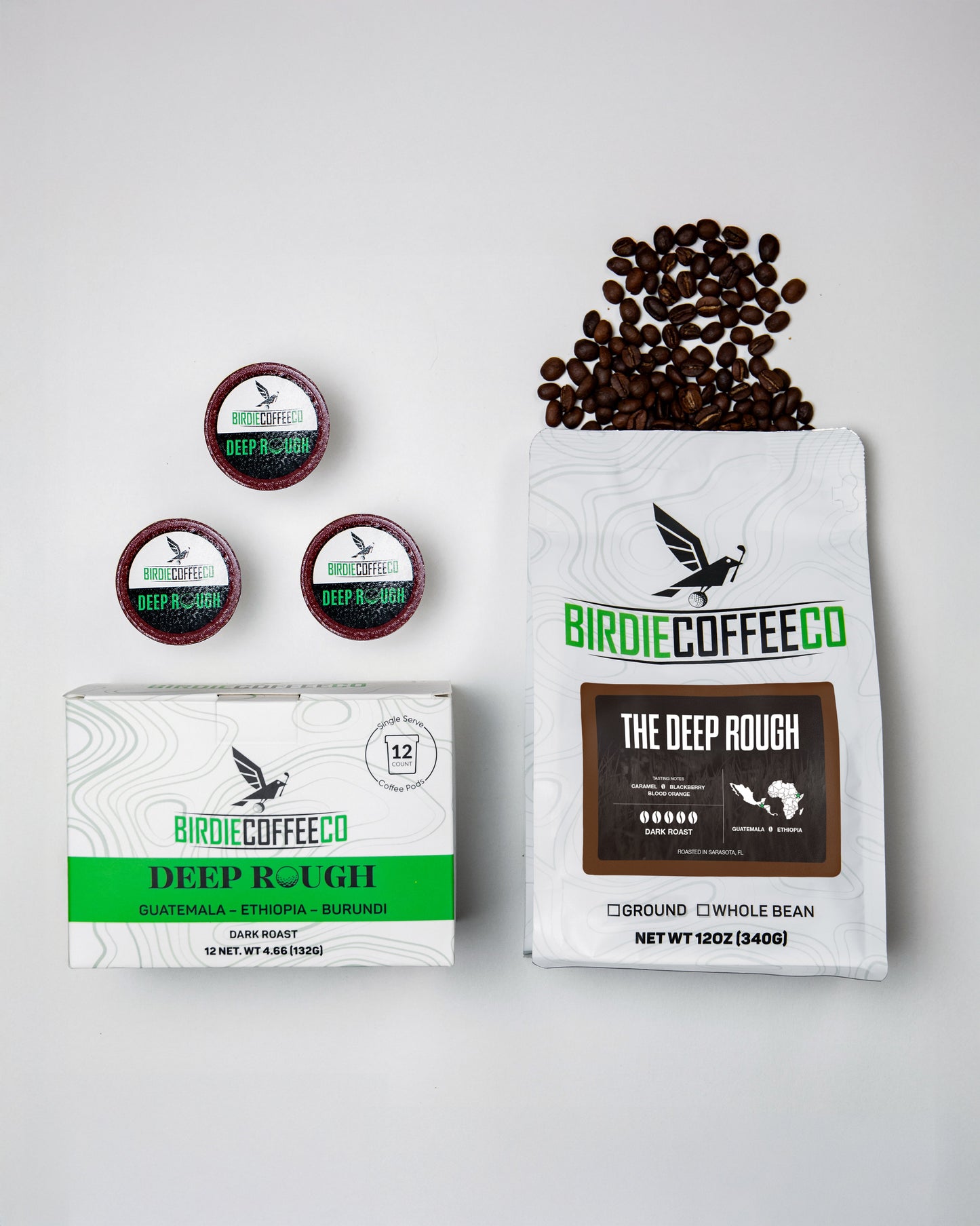 Dark roast coffee bag from Birdie Coffee Company, featuring The Deep Rough blend with rich, bold coffee beans in a resealable package.