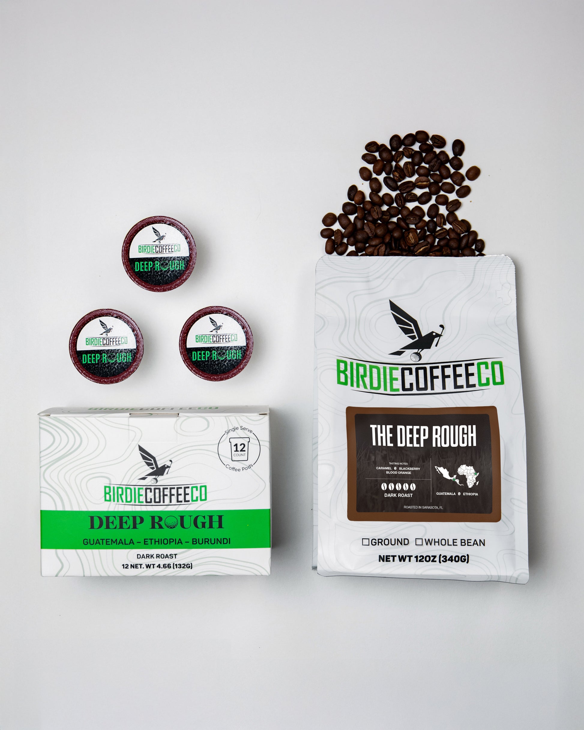 Dark roast coffee bag from Birdie Coffee Company, featuring The Deep Rough blend with rich, bold coffee beans in a resealable package.