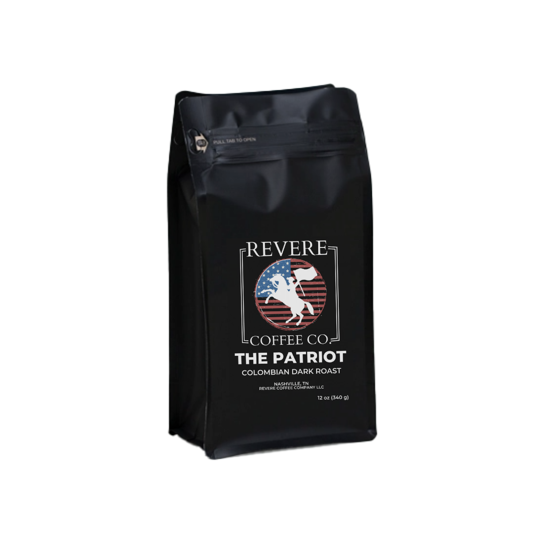 Dark roast coffee bag labeled The Patriot from Revere Coffee Company, featuring rich, bold coffee beans in a packaging design