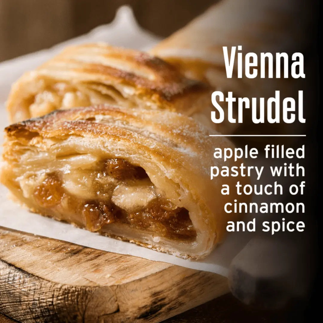 JavaMania Vienna Strudel flavored coffee in a cup with swirls of coffee and pastry flavors, showcasing a rich, inviting beverage.