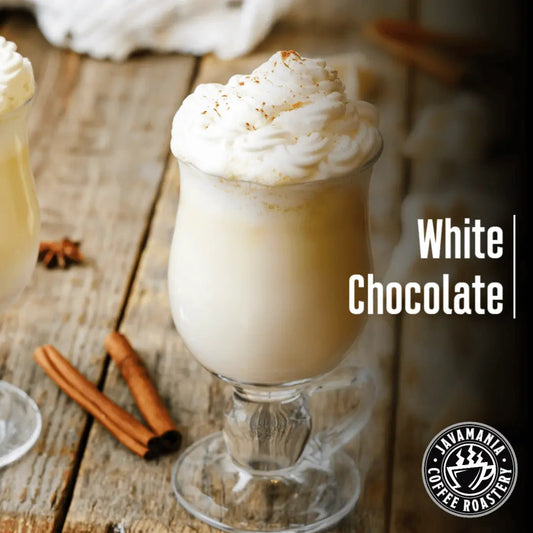 Creamy white chocolate-flavored coffee from JavaMania, featuring a steaming cup with white chocolate swirls and rich coffee aroma.