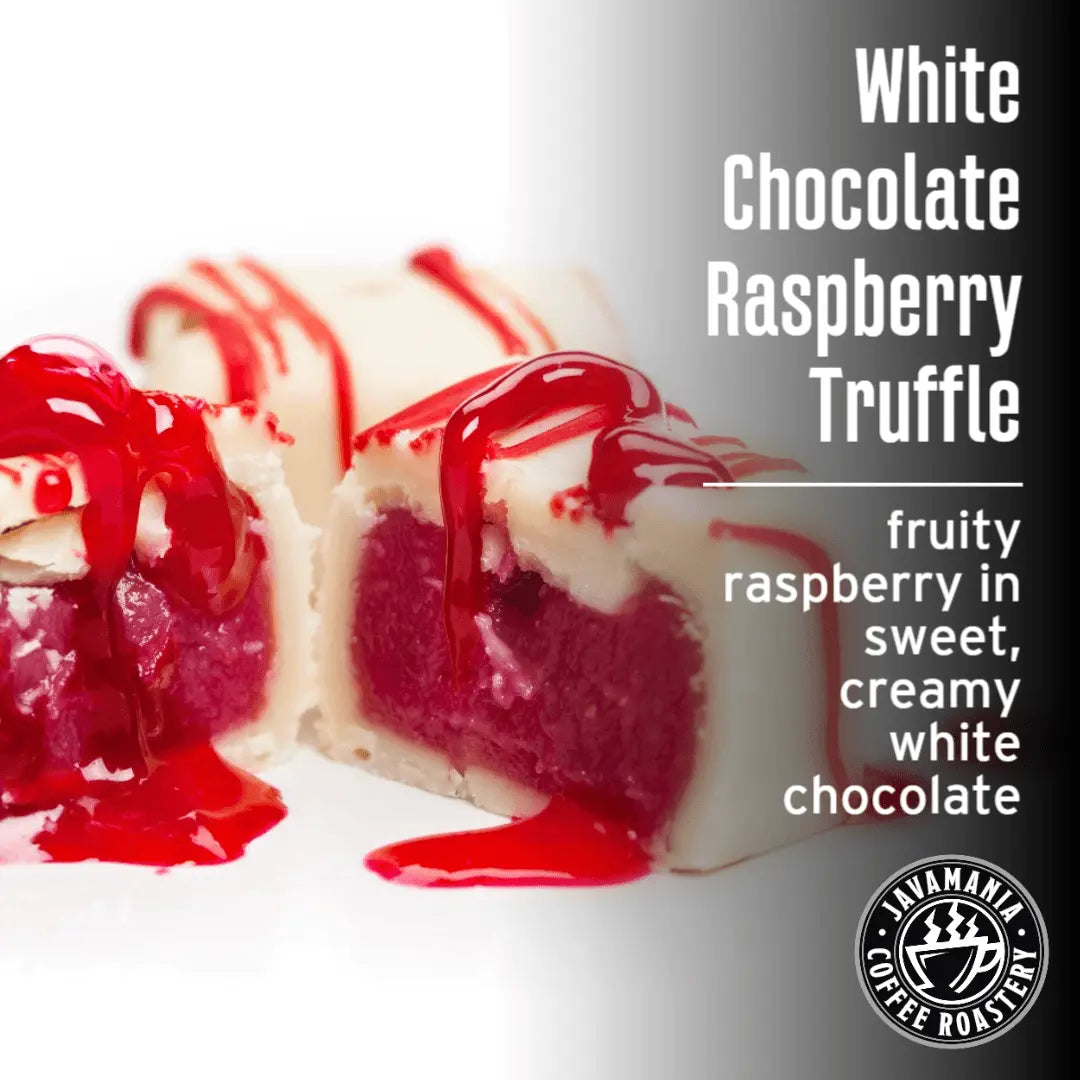 JavaMania white chocolate raspberry truffle flavored coffee in a cup with visible coffee beans and a swirl of white chocolate and raspberry.